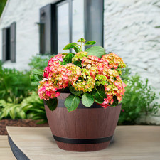 Wooden effect Barrel Planter – 37cm Plastic Half Barrel Garden Pot – Flowersea