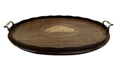 Antique Victorian Mahogany And Inlaid Oval Brass Handle Tray C1890