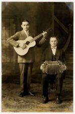 Accordion Guitarist Duo 1900 Sharp Photo Musician Band Guitarist Concertina RPPC
