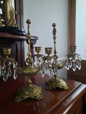 Antique Victorian Gilt Brass Pair Candelabra With Crystal Droplets Gorgeous Rare