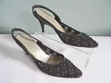 Vintage 1950s Shoes Black Lace Beaded Ladies Sling Stiletto Heel UK Size 5½