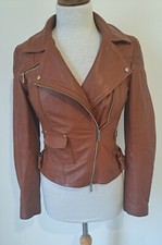 KAREN MILLEN Classic Brown 100% Real Leather Biker Style Zip Up Jacket - Size 10