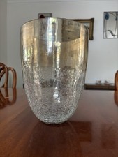 Large Hand Blown Glass Vase 23 Cm High 17.5cm Diameter Half Crackle Half Smoked