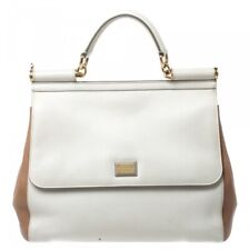 DOLCE &GABBANA Handbag White Leather Sicily Logo Crystal Shoulder Top Handle Bag