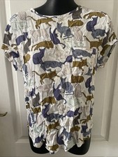 Cat Top H&M White Blue Size 8-10 Short Sleeve Round Neck