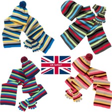 Younger Boys Girls Rainbow Striped Winter Pom Pom Beanie Hat Scarf Gloves Set