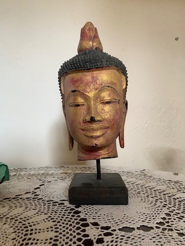 Vintage wooden buddha head mid