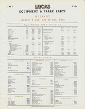 Reliant Regal 6 & 10 cwt van 1954 Lucas Spare Parts List  NOT ILLUSTRATED