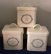 French Styled Metal Tin Storage Jars Tea Sugar Coffee 13cm x 13cm x 12cm