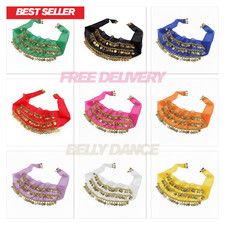 3 ROWS Belly dance costume belt skirt hip wrap outfit gold coin bead scarf