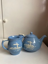 Vintage Teapot & Jug Dartmouth Devon Pottery Blue Relief Widecombe Fair  