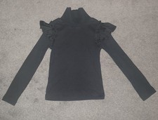 T U Black Wool Pleated Ruffle