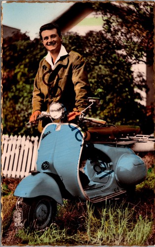 Colored real photo man vespa - colored, w