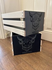 highland cow crate, box, black and white handmade from reclaimed materials