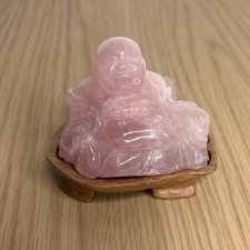 Rose Quartz Buddha In Footed Wooded Stand - 145g Stone - 3” Wide With Stand Pink