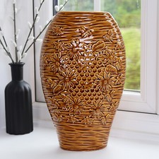 Ceramic Golden Bees Vase Crackle Glazed Wide Floral Honeycomb Flower Decoration