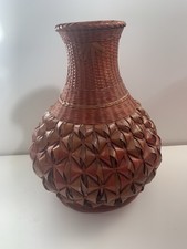 Chinese Woven Bamboo & Wicker Vase Ceramic Insert 8” In Height