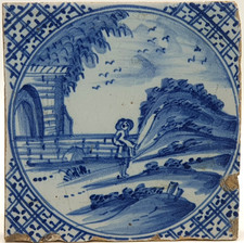 Antique English Delft Blue & White Hand Painted Tile Dutch Border