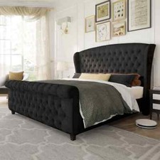 Luxury Tulip Wing Sleigh Bed With/Without Ottoman Gas Lift Storage in Soft Plush
