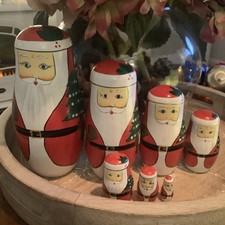 X 7 Vintage Russian Christmas Hand Painted Santa Claus Nesting Dolls 