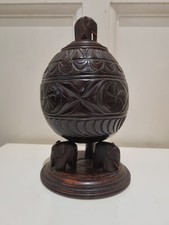Carved Coconut Shell On Elephant Feet Hand Carved , 9.5"