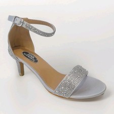 LADIES WOMENS SILVER KITTEN HEELS ANKLE STRAP DIAMANTE SANDALS GOING OUT SHOES