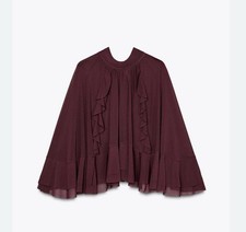 ZARA ASYMMETRICAL CHIFFON BURGUNDY TIE-BACK RUFFLED CAPE SIZE M 3644/152.