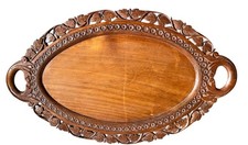 Vintage 1900s Carved  Oval Wooden Serving Drinks Tray Twin Handles