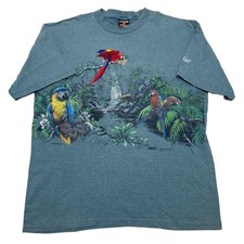 Vintage Tropical Bird Shirt Mens XL 90s All Over Print Embroidered Graphic Top