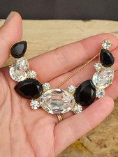 Vintage Monet Black & Clear Glass Large Crescent Moon Brooch. Statement. ...