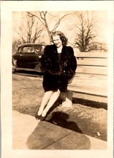Woman in Fur Coat Seaside Park Bench February 1945 WWII Era Photograph
