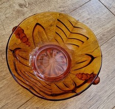 MCM Amber Glass Fruit Bowl Cut Glass Scalloped Handles 1950s Retro Vintage Vgc