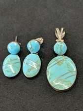 Vintage Turquoise  Silver Pendant And Pair Of Earrings   Marks E Lira3 950