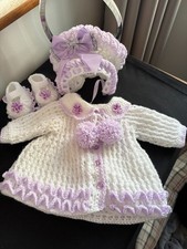 NEW ROMANY HAND CROCHET BLING BABY GIRL COAT  BONNET BOOTEE  REBORN NEWBORN