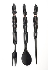 Vintage African Hand Carved Wooden Large Knife, Fork & Spoon, Tribal Decoration