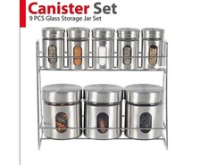 9Pcs Canister Storage Jar Set S/Steel Tea Sugar Coffee Red Cannister On Stand