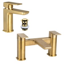 Curve Brushed Brass Gold Basin & Bath Filler Tap Pack Premium Brassware