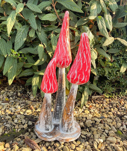 Red wooden carved mushrooms - carved, on