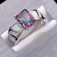 7x9 Rainbow Mystic Topaz White Fire Opal Silver Jewelry Ring Size 7 8 9 10