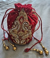 Embroidered Red Velvet Potli
