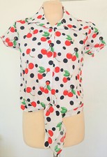 Womens 1940s 50s White Cherry Tie Blouse Rockabilly RnR R&R Rockin 50s Rock Roll