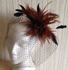 brown feather black veiling fascinator millinery hair clip ascot wedding bridal