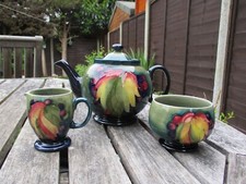 MOORCROFT   POTTERY.  LEAF AND BERRY  TEAPOT- CREAM -SUGAR POT