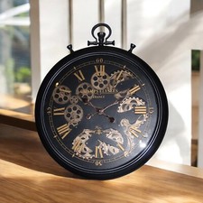 Beautiful 60cm Black & Gold Wall Clock with Roman Numerals Design & Moving Gears