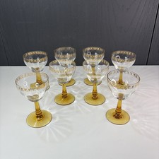 Set of 8 Vintage Amber Stem Champagne Coupe Glasses Gold Rim Leaf Pattern