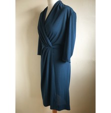 Vintage Kingfisher blue Draped crepe dress Medium 3/4 sleeves 80s does 40s 