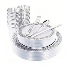 150Pcs Silver Plastic Plates &