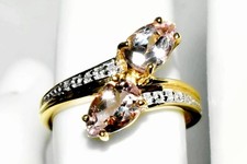 Morganite Gold Ring & Diamonds Twins Pair Ring 9ct Gold (3.10g) Size M/N