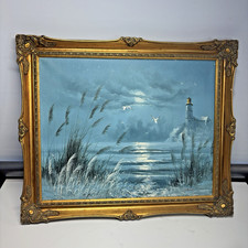Lighthouse & Turns Blue Seascape Painting Canvas Gilt  21" x 20" Frame Signed
