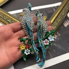 Silver Plated Husband & Wife Cockatoo Brooch White Diamante With Flowers